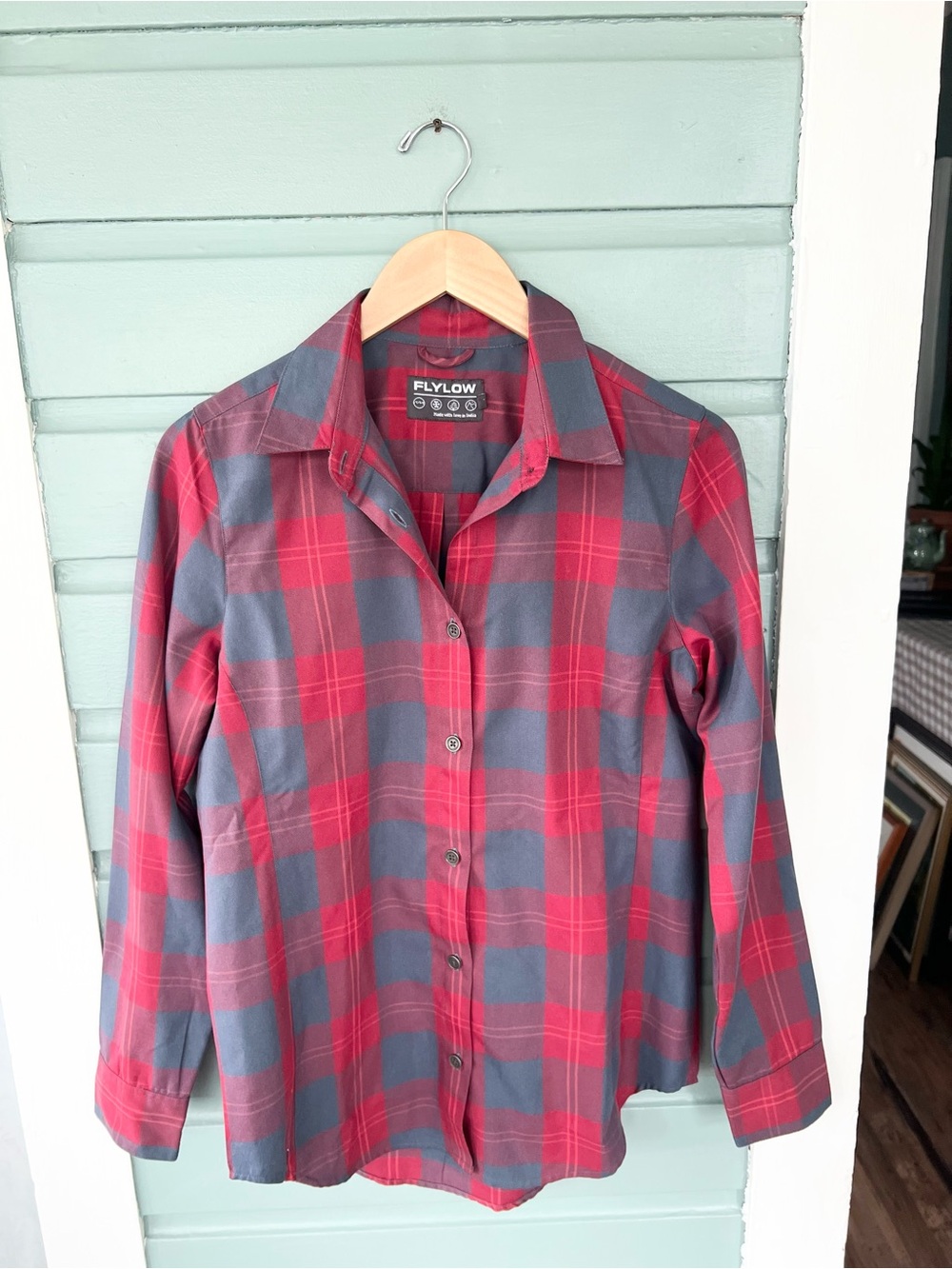 Flylow Brigitte tech flannel red grey buffalo plaid checkered outdoor hiking M